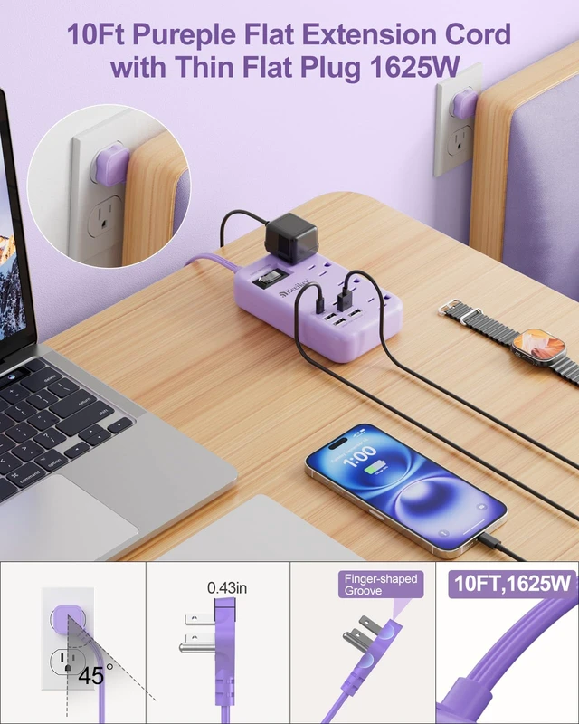 Alt view image 3 of 7 - 6 USB Purple Surge Protector Power Strip,10 Ft Cute Extension Cord 6 USB(2 USB C),24W USB Charging Station,4 Outlets,10 Ft Purple Extension Cord,Kawaii Lavender Desk Accessories,For Home Dorm