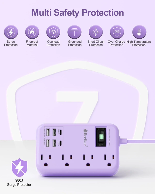 Alt view image 6 of 7 - 6 USB Purple Surge Protector Power Strip,10 Ft Cute Extension Cord 6 USB(2 USB C),24W USB Charging Station,4 Outlets,10 Ft Purple Extension Cord,Kawaii Lavender Desk Accessories,For Home Dorm