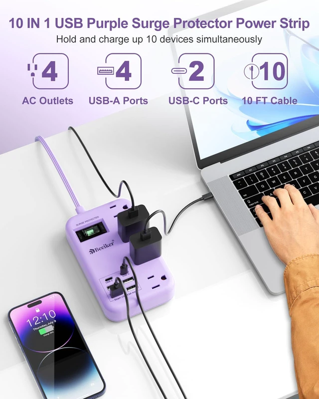 Alt view image 4 of 7 - 6 USB Purple Surge Protector Power Strip,10 Ft Cute Extension Cord 6 USB(2 USB C),24W USB Charging Station,4 Outlets,10 Ft Purple Extension Cord,Kawaii Lavender Desk Accessories,For Home Dorm
