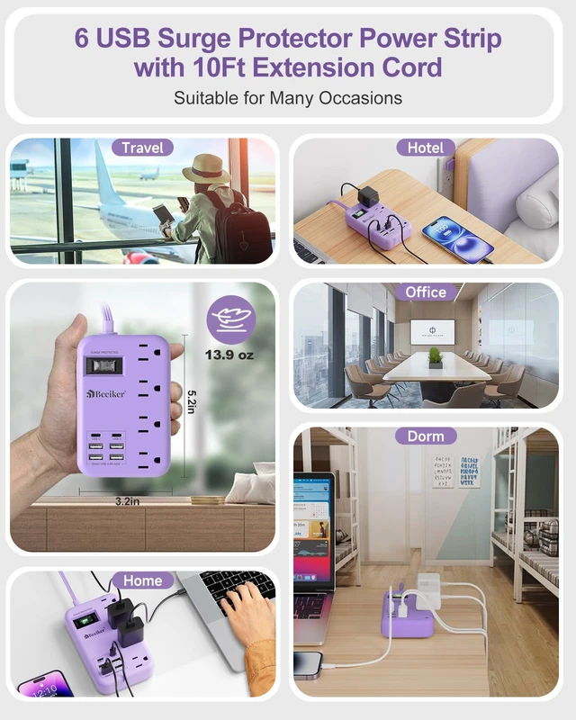 Alt view image 7 of 7 - 6 USB Purple Surge Protector Power Strip,10 Ft Cute Extension Cord 6 USB(2 USB C),24W USB Charging Station,4 Outlets,10 Ft Purple Extension Cord,Kawaii Lavender Desk Accessories,For Home Dorm