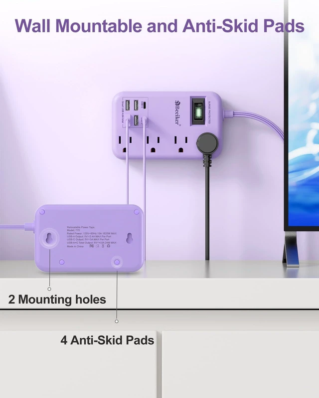 Alt view image 5 of 7 - 6 USB Purple Surge Protector Power Strip,10 Ft Cute Extension Cord 6 USB(2 USB C),24W USB Charging Station,4 Outlets,10 Ft Purple Extension Cord,Kawaii Lavender Desk Accessories,For Home Dorm