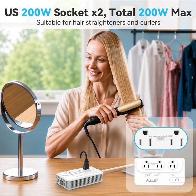 Alt view image 5 of 7 - 2000W Voltage Converter 220V to 110V European Power Converter Supports Hair Dryer, Curling Iron & Straightener, 3 AC Outlets, USB-C & USB-A Ports, Includes Type C/E/F/G/I/L Travel Plugs