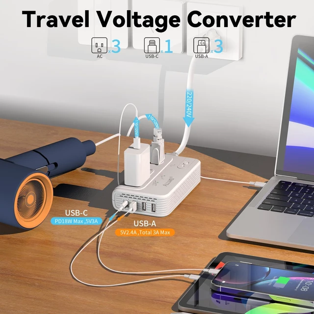 Alt view image 6 of 7 - 2000W Voltage Converter 220V to 110V European Power Converter Supports Hair Dryer, Curling Iron & Straightener, 3 AC Outlets, USB-C & USB-A Ports, Includes Type C/E/F/G/I/L Travel Plugs
