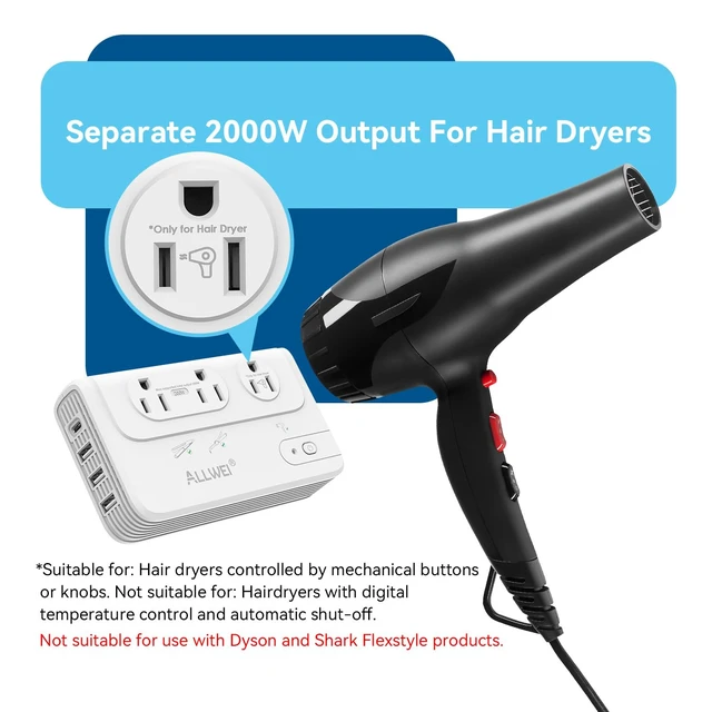 Alt view image 4 of 7 - 2000W Voltage Converter 220V to 110V European Power Converter Supports Hair Dryer, Curling Iron & Straightener, 3 AC Outlets, USB-C & USB-A Ports, Includes Type C/E/F/G/I/L Travel Plugs