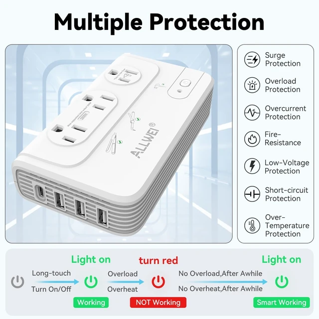 Alt view image 7 of 7 - 2000W Voltage Converter 220V to 110V European Power Converter Supports Hair Dryer, Curling Iron & Straightener, 3 AC Outlets, USB-C & USB-A Ports, Includes Type C/E/F/G/I/L Travel Plugs