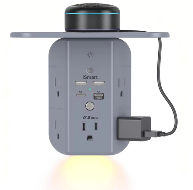 Main image of PD20W Wall Outlet Extender with Shelf & Night Light 5 AC Outlets, 2 USB-A, 2 USB-C, 3-Sided Wide-Space Design, Surge Protector, Multi-Plug Outlet Splitter Ideal for Home, College Dorm, RV, Gray