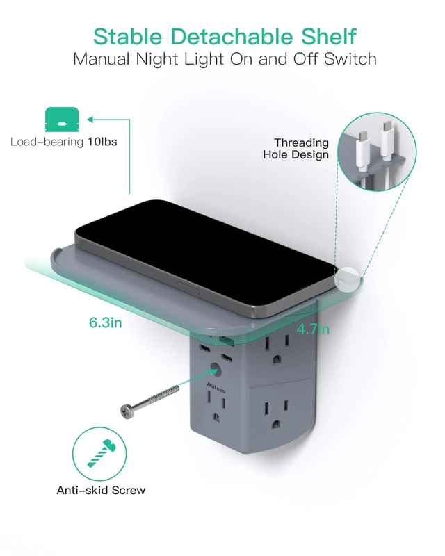 Alt view image 5 of 7 - Wall Outlet Extender with Shelf and Night Light, Surge Protector, USB Wall Charger with 5 AC Outlets and 2 USB A Ports 2 USB C Ports Wide Space 3-Sided Power Strip Multi Plug Outlets, Gray