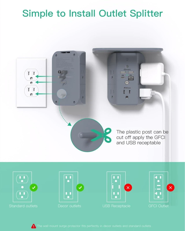 Alt view image 6 of 7 - PD20W Wall Outlet Extender with Shelf & Night Light 5 AC Outlets, 2 USB-A, 2 USB-C, 3-Sided Wide-Space Design, Surge Protector, Multi-Plug Outlet Splitter Ideal for Home, College Dorm, RV, Gray
