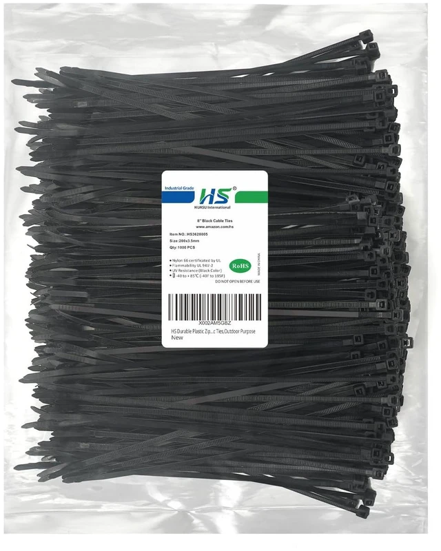 Main image of Durable Plastic Zip Ties 8 Inch (Bulk-1000 Pack) UV Rated Black Cable Ties 40 Lbs Self-Locking Wire Ties Width 1/8 Inch,Outdoor Purpose