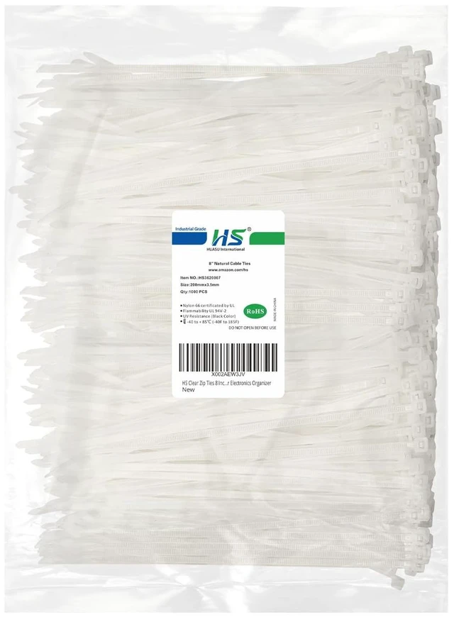 Main image of Clear Zip Ties 8 Inch (Bulk-1000 Pack) Nylon Cable Ties 40 Lbs Self-Locking Wire Ties for Electronics Organizer