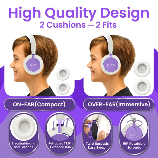 Alt view image 5 of 7 - Kids Headphones, Volume-Limiting 85dB, BT2200 Plus,Purple Built-In Mic, Studio-Grade Sound, 20-Hour Battery Life, Comfortable Fit & Easy to Connect Kids Bluetooth Headphones