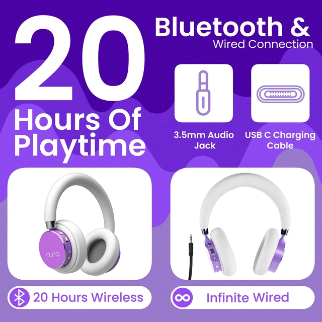 Alt view image 3 of 7 - Kids Headphones, Volume-Limiting 85dB, BT2200 Plus,Purple Built-In Mic, Studio-Grade Sound, 20-Hour Battery Life, Comfortable Fit & Easy to Connect Kids Bluetooth Headphones