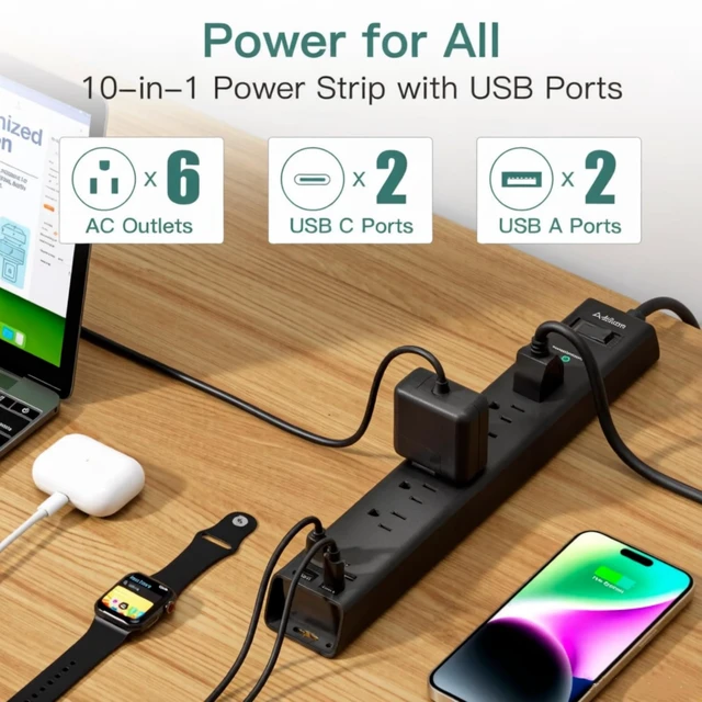 Alt view image 2 of 6 - Power Strip Surge Protector with 6 AC Outlets 4 USB Ports (2 USB-C), Flat Plug Extension Cord 5ft, Multi Outlet Extender, Wall Mount Desk Charging Station for Home Office Dorm Essentials