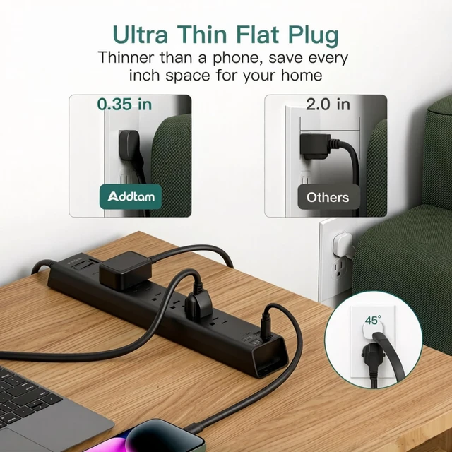 Alt view image 4 of 6 - Power Strip Surge Protector with 6 AC Outlets 4 USB Ports (2 USB-C), Flat Plug Extension Cord 5ft, Multi Outlet Extender, Wall Mount Desk Charging Station for Home Office Dorm Essentials