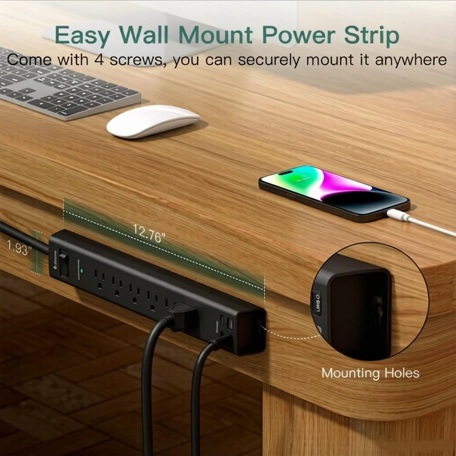 Alt view image 5 of 6 - Power Strip Surge Protector with 6 AC Outlets 4 USB Ports (2 USB-C), Flat Plug Extension Cord 5ft, Multi Outlet Extender, Wall Mount Desk Charging Station for Home Office Dorm Essentials