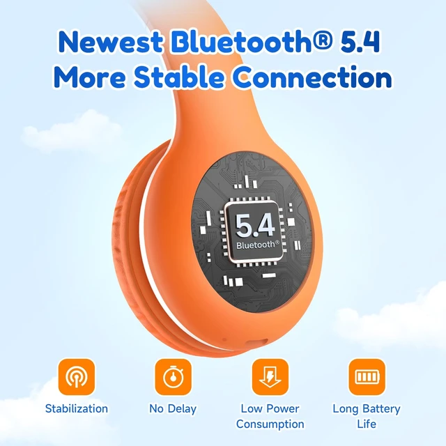 Alt view image 5 of 7 - K2 Kids Bluetooth Headphones for School, Kids Headphones with Mic Volume Limited, 40H Playtime, Built-in Mic, Stereo Sound, Foldable Over-Ear Headphone for Kids/Toddler/Travel/Tablet, Orange