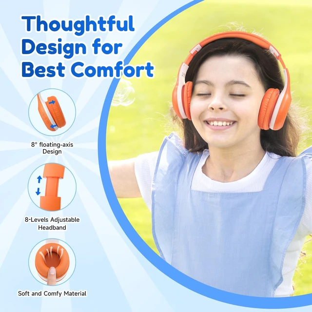 Alt view image 3 of 7 - K2 Kids Bluetooth Headphones for School, Kids Headphones with Mic Volume Limited, 40H Playtime, Built-in Mic, Stereo Sound, Foldable Over-Ear Headphone for Kids/Toddler/Travel/Tablet, Orange