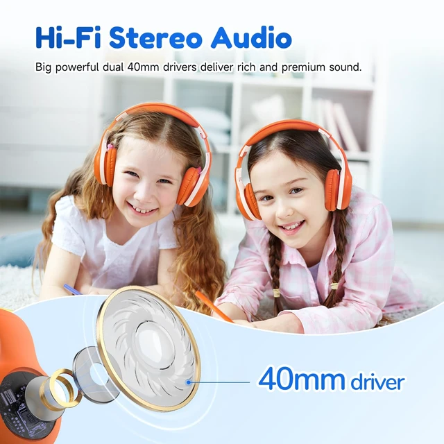 Alt view image 4 of 7 - K2 Kids Bluetooth Headphones for School, Kids Headphones with Mic Volume Limited, 40H Playtime, Built-in Mic, Stereo Sound, Foldable Over-Ear Headphone for Kids/Toddler/Travel/Tablet, Orange
