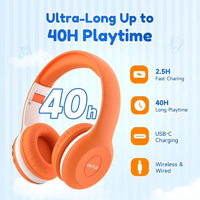 Alt view image 6 of 7 - K2 Kids Bluetooth Headphones for School, Kids Headphones with Mic Volume Limited, 40H Playtime, Built-in Mic, Stereo Sound, Foldable Over-Ear Headphone for Kids/Toddler/Travel/Tablet, Orange