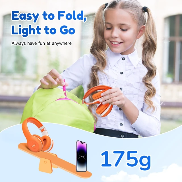 Alt view image 7 of 7 - K2 Kids Bluetooth Headphones for School, Kids Headphones with Mic Volume Limited, 40H Playtime, Built-in Mic, Stereo Sound, Foldable Over-Ear Headphone for Kids/Toddler/Travel/Tablet, Orange