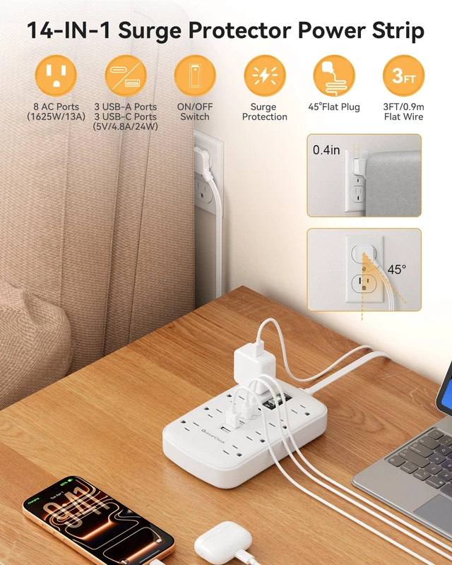 Alt view image 3 of 7 - 3FT Extension Cord with 6 USB(3 USB C) 8 Outlets, Flat Plug Power Strip 1625W, USB-C(15W), Surge Protector, Charging Station for Multiple Devices, For Home Office Dorm Kitchen Bathroom