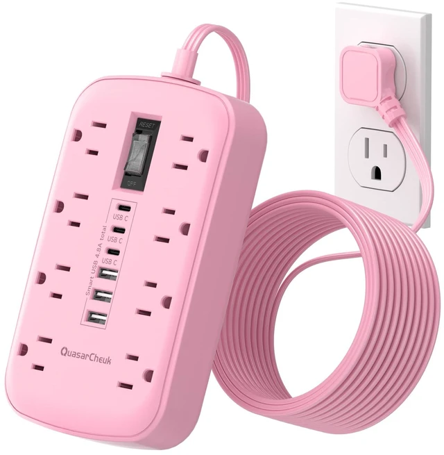 Main image of Pink Extension Cord with Surge Protector, 5 FT Flat Plug Power Strip 1625W, USB-C(15W), Surge Protector, Charging Station for Multiple Devices, For Home Office Dorm Kitchen Bathroom