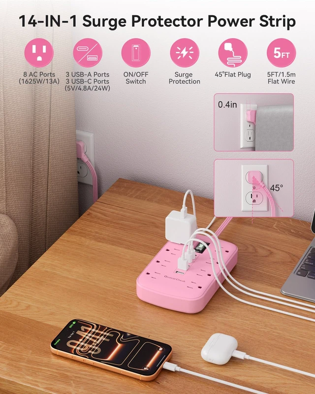 Alt view image 2 of 7 - Pink Extension Cord with Surge Protector, 5 FT Flat Plug Power Strip 1625W, USB-C(15W), Surge Protector, Charging Station for Multiple Devices, For Home Office Dorm Kitchen Bathroom