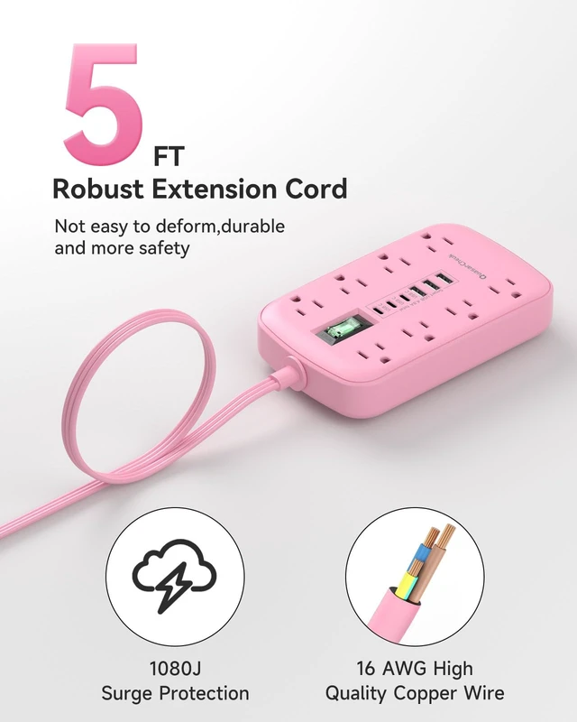 Alt view image 6 of 7 - Pink Extension Cord with Surge Protector, 5 FT Flat Plug Power Strip 1625W, USB-C(15W), Surge Protector, Charging Station for Multiple Devices, For Home Office Dorm Kitchen Bathroom