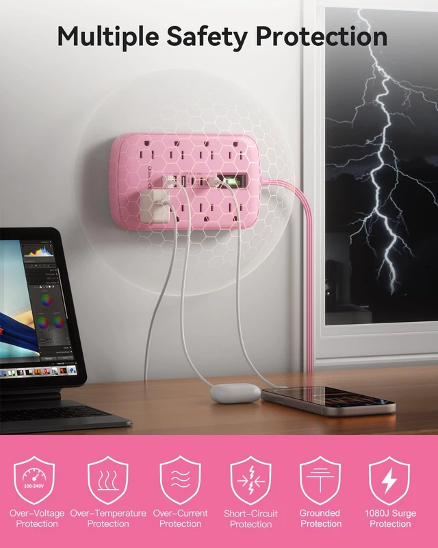 Alt view image 7 of 7 - Pink Extension Cord with Surge Protector, 5 FT Flat Plug Power Strip 1625W, USB-C(15W), Surge Protector, Charging Station for Multiple Devices, For Home Office Dorm Kitchen Bathroom