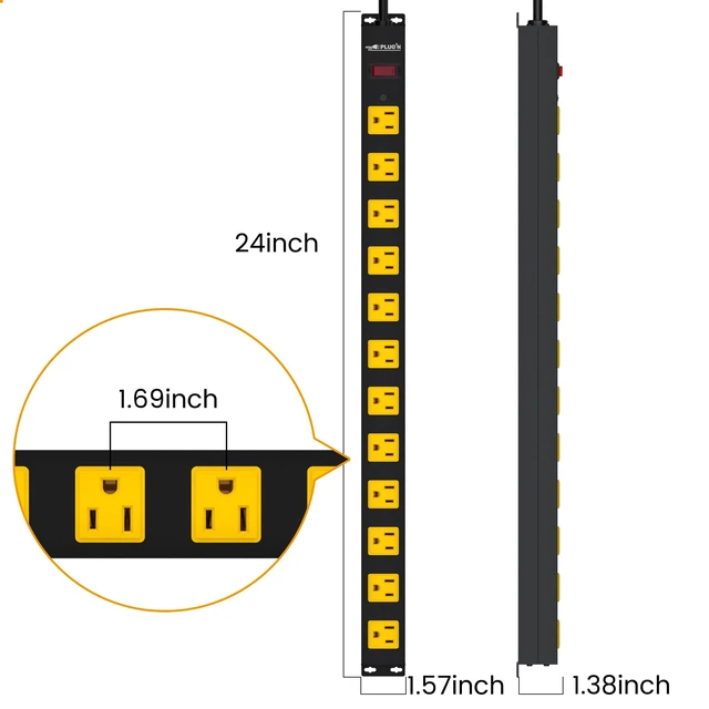 Alt view image 3 of 6 - 12 Outlet Long Power Strip, 3FT Power Cord, 2100 Joules Surge Protector, Wide Spaced Outlet Power Bar, Overload Protection Switch, Industrial Heavy Duty for Work Bench, Shop, Garage, 2 Pack