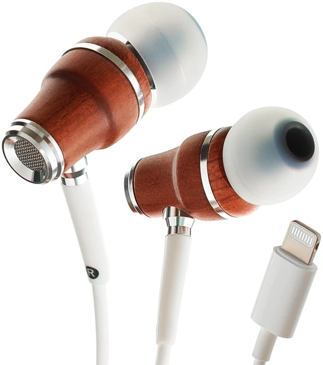 Main image of Premium Wooden Wired Earbuds with Microphone (Lightning) Compatible with iPhone 14, 13, 12, 11 (Pro, Max), SE, X, XS, XR, 8, 7, 6, 5 / iPad 9 & earlier, and other Lightning devices