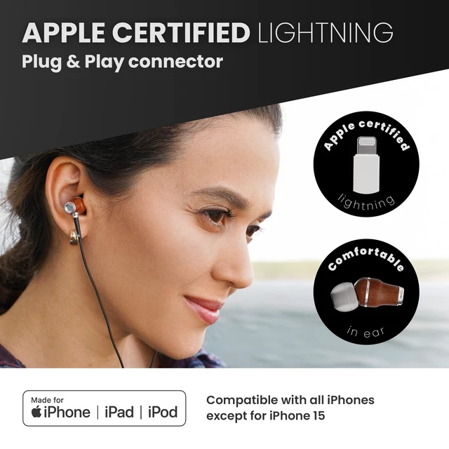 Alt view image 4 of 6 - Premium Wooden Wired Earbuds with Microphone (Lightning) Compatible with iPhone 14, 13, 12, 11 (Pro, Max), SE, X, XS, XR, 8, 7, 6, 5 / iPad 9 & earlier, and other Lightning devices