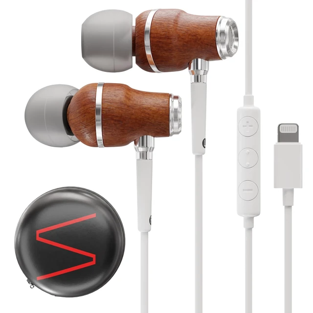 Alt view image 6 of 6 - Premium Wooden Wired Earbuds with Microphone (Lightning) Compatible with iPhone 14, 13, 12, 11 (Pro, Max), SE, X, XS, XR, 8, 7, 6, 5 / iPad 9 & earlier, and other Lightning devices