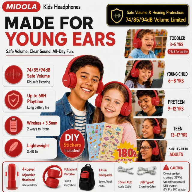 Alt view image 2 of 7 - Kids Bluetooth Headphones Wireless 68 Hours,Safe Volume Limit 85/94dB Red Adjustable Headband Foldable Over-Ear Lightweight Headsets for Toddler Girls Boys Tablet/iPad,HD Stereo,Built-in Mic