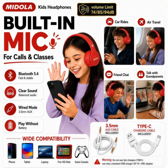 Alt view image 6 of 7 - Kids Bluetooth Headphones Wireless 68 Hours,Safe Volume Limit 85/94dB Red Adjustable Headband Foldable Over-Ear Lightweight Headsets for Toddler Girls Boys Tablet/iPad,HD Stereo,Built-in Mic