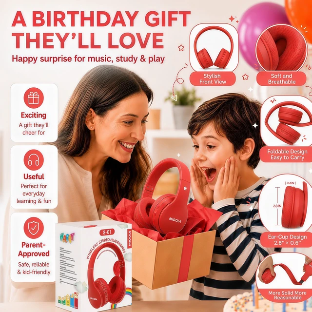 Alt view image 4 of 7 - Kids Bluetooth Headphones Wireless 68 Hours,Safe Volume Limit 85/94dB Red Adjustable Headband Foldable Over-Ear Lightweight Headsets for Toddler Girls Boys Tablet/iPad,HD Stereo,Built-in Mic