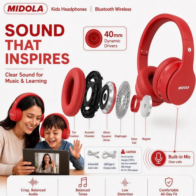 Alt view image 7 of 7 - Kids Bluetooth Headphones Wireless 68 Hours,Safe Volume Limit 85/94dB Red Adjustable Headband Foldable Over-Ear Lightweight Headsets for Toddler Girls Boys Tablet/iPad,HD Stereo,Built-in Mic