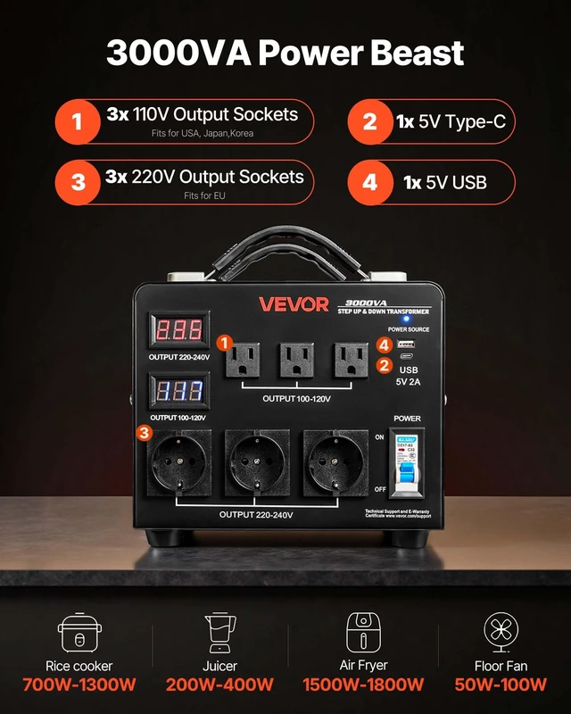 Alt view image 4 of 7 - Voltage Auto Converter Transformer, 3000VA, Heavy Duty Step Up/Down Power Transformer, 110V to 220V and 220V to 110V, with 3 US Outlets, 3 EU Outlets, LCD Display, Circuit Breaker Protection