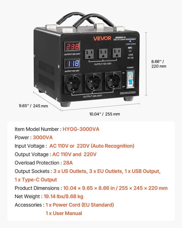 Alt view image 7 of 7 - Voltage Auto Converter Transformer, 3000VA, Heavy Duty Step Up/Down Power Transformer, 110V to 220V and 220V to 110V, with 3 US Outlets, 3 EU Outlets, LCD Display, Circuit Breaker Protection