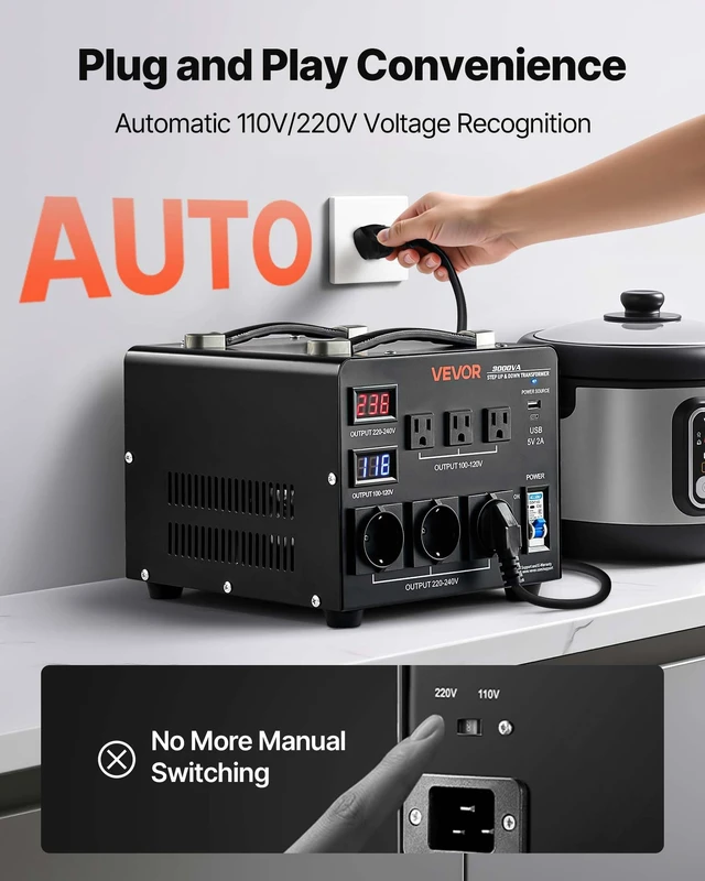 Alt view image 2 of 7 - Voltage Auto Converter Transformer, 3000VA, Heavy Duty Step Up/Down Power Transformer, 110V to 220V and 220V to 110V, with 3 US Outlets, 3 EU Outlets, LCD Display, Circuit Breaker Protection