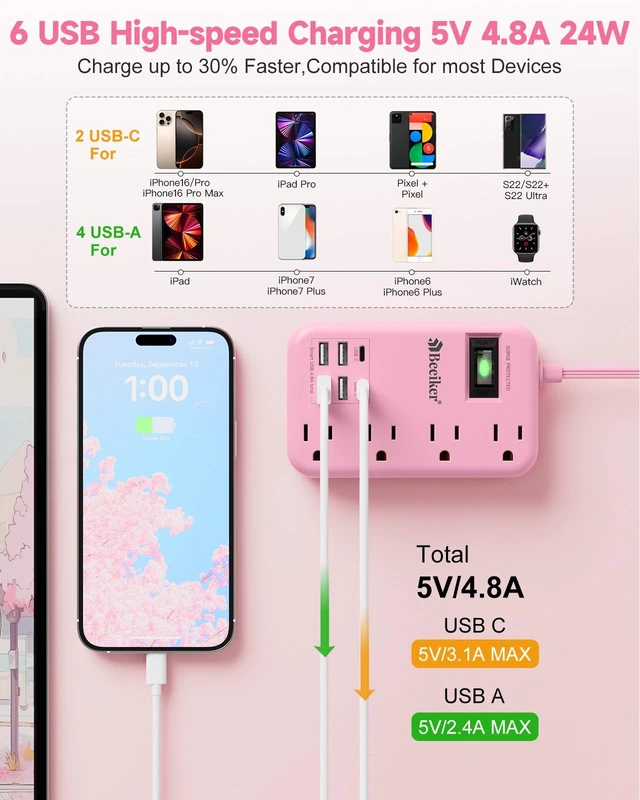 Alt view image 2 of 7 - 6 USB (2 USB C) Pink Extension Cord,5 Feet Travel Power Strip,4 Outlets 6 USB,24W USB Charging Station,Travel Power Strip,Pink Desk Accessories, Surge Protector,Cute Kawaii Gifts College Dorm,5 Ft