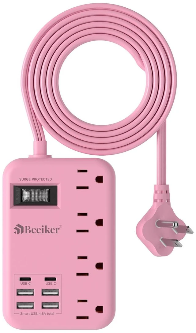 Main image of 6 USB (2 USB C) Pink Extension Cord,5 Feet Travel Power Strip,4 Outlets 6 USB,24W USB Charging Station,Travel Power Strip,Pink Desk Accessories, Surge Protector,Cute Kawaii Gifts College Dorm,5 Ft