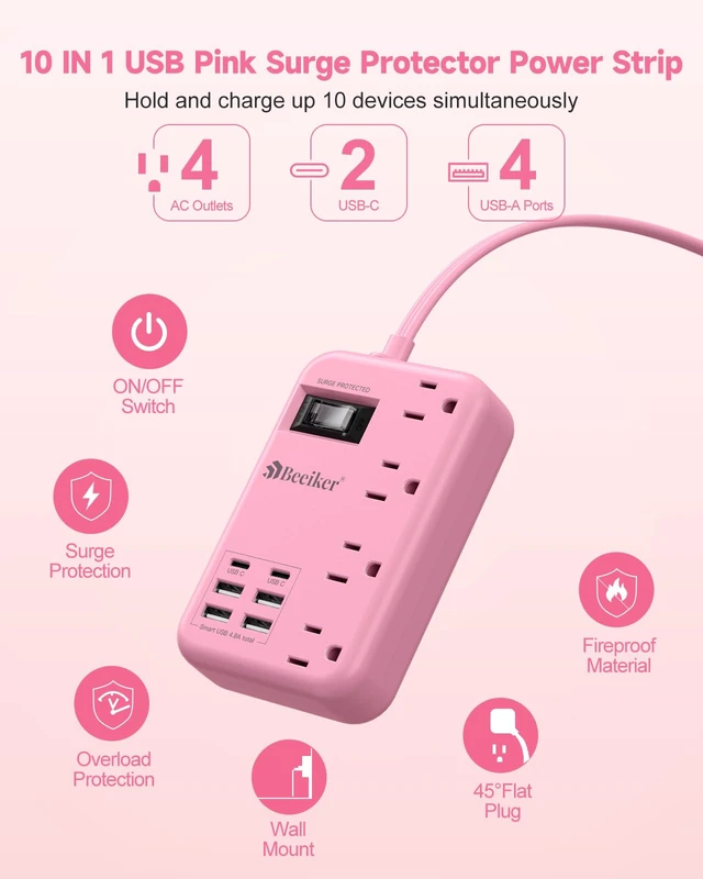 Alt view image 3 of 7 - 6 USB (2 USB C) Pink Extension Cord,5 Feet Travel Power Strip,4 Outlets 6 USB,24W USB Charging Station,Travel Power Strip,Pink Desk Accessories, Surge Protector,Cute Kawaii Gifts College Dorm,5 Ft