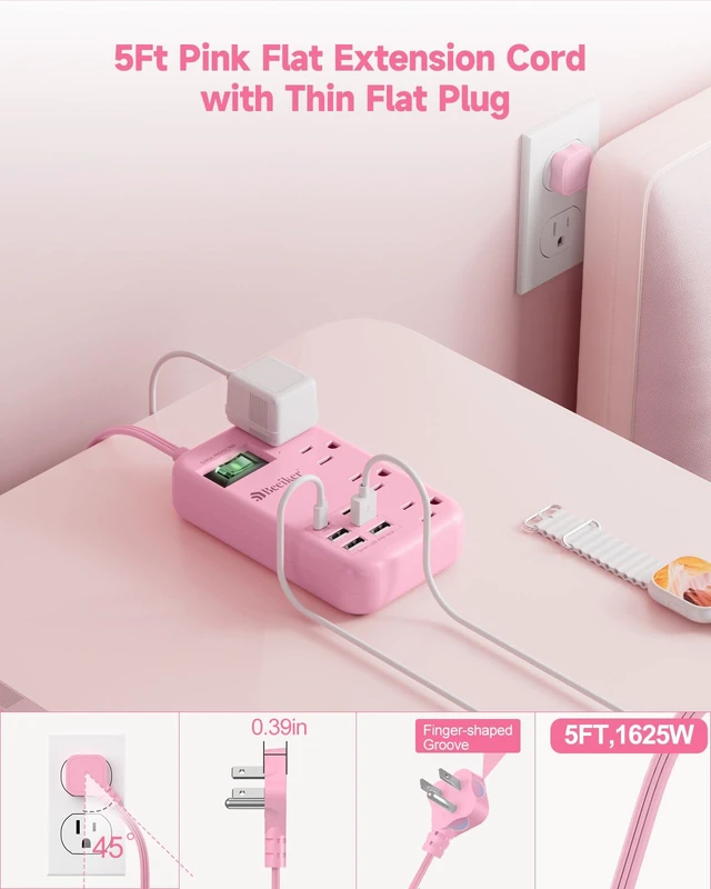 Alt view image 4 of 7 - 6 USB (2 USB C) Pink Extension Cord,5 Feet Travel Power Strip,4 Outlets 6 USB,24W USB Charging Station,Travel Power Strip,Pink Desk Accessories, Surge Protector,Cute Kawaii Gifts College Dorm,5 Ft
