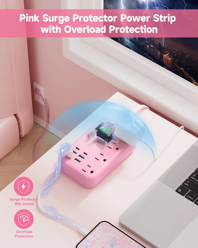 Alt view image 5 of 7 - 6 USB (2 USB C) Pink Extension Cord,5 Feet Travel Power Strip,4 Outlets 6 USB,24W USB Charging Station,Travel Power Strip,Pink Desk Accessories, Surge Protector,Cute Kawaii Gifts College Dorm,5 Ft