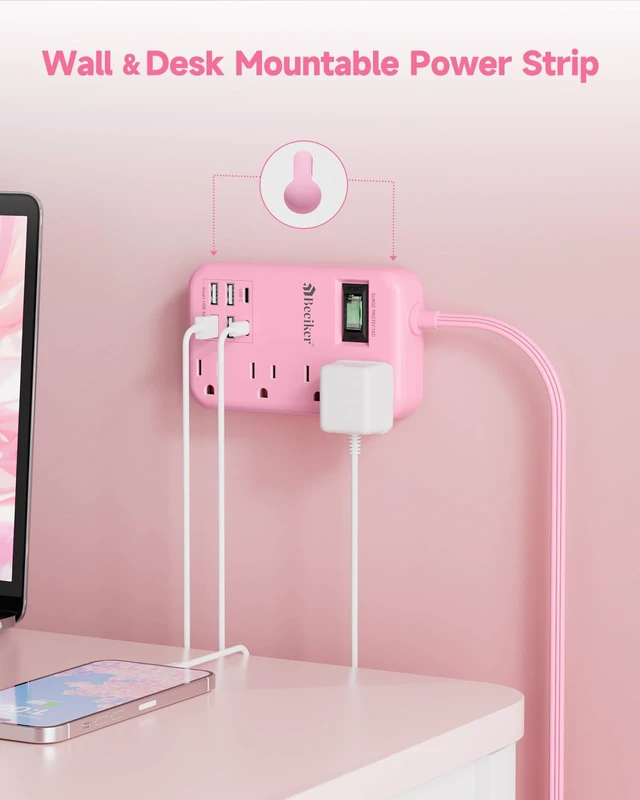 Alt view image 6 of 7 - 6 USB (2 USB C) Pink Extension Cord,5 Feet Travel Power Strip,4 Outlets 6 USB,24W USB Charging Station,Travel Power Strip,Pink Desk Accessories, Surge Protector,Cute Kawaii Gifts College Dorm,5 Ft
