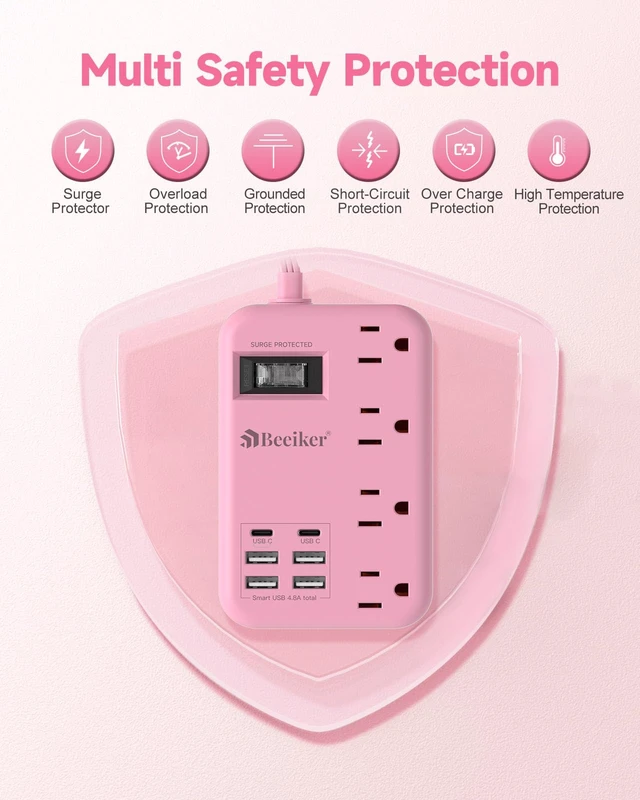 Alt view image 7 of 7 - 6 USB (2 USB C) Pink Extension Cord,5 Feet Travel Power Strip,4 Outlets 6 USB,24W USB Charging Station,Travel Power Strip,Pink Desk Accessories, Surge Protector,Cute Kawaii Gifts College Dorm,5 Ft