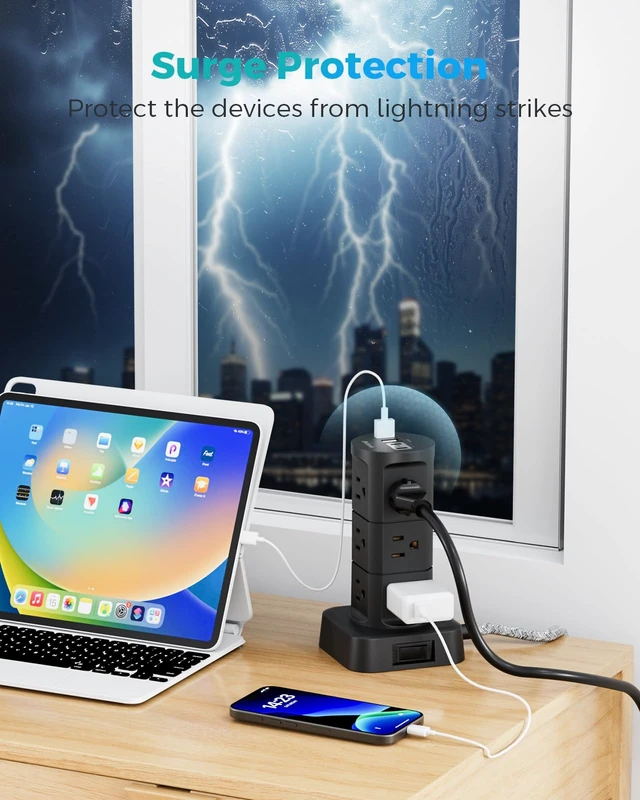 Alt view image 7 of 7 - Charging Station Tower, Power Strips with Surge Protection, Flat Plug Office Desk Supplies, Dorm Essentials, 6Ft Extension Cord with Multiple Outlets, 12 Outlets 4 USB Ports, 1875W/15A 1080J