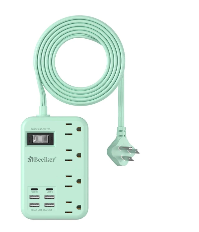 Main image of 6 USB(2 USB C) Green Travel Power Strip 4 Outlets 5Ft Green Extension Cord 5FT Green Extension Cord,2 USB C Charging Station,4 Outlets,Cute Desk Accessories,Switch,Kawaii Home Office College Dorm,24W
