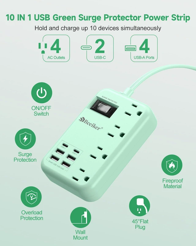 Alt view image 3 of 7 - 6 USB(2 USB C) Green Travel Power Strip 4 Outlets 5Ft Green Extension Cord 5FT Green Extension Cord,2 USB C Charging Station,4 Outlets,Cute Desk Accessories,Switch,Kawaii Home Office College Dorm,24W